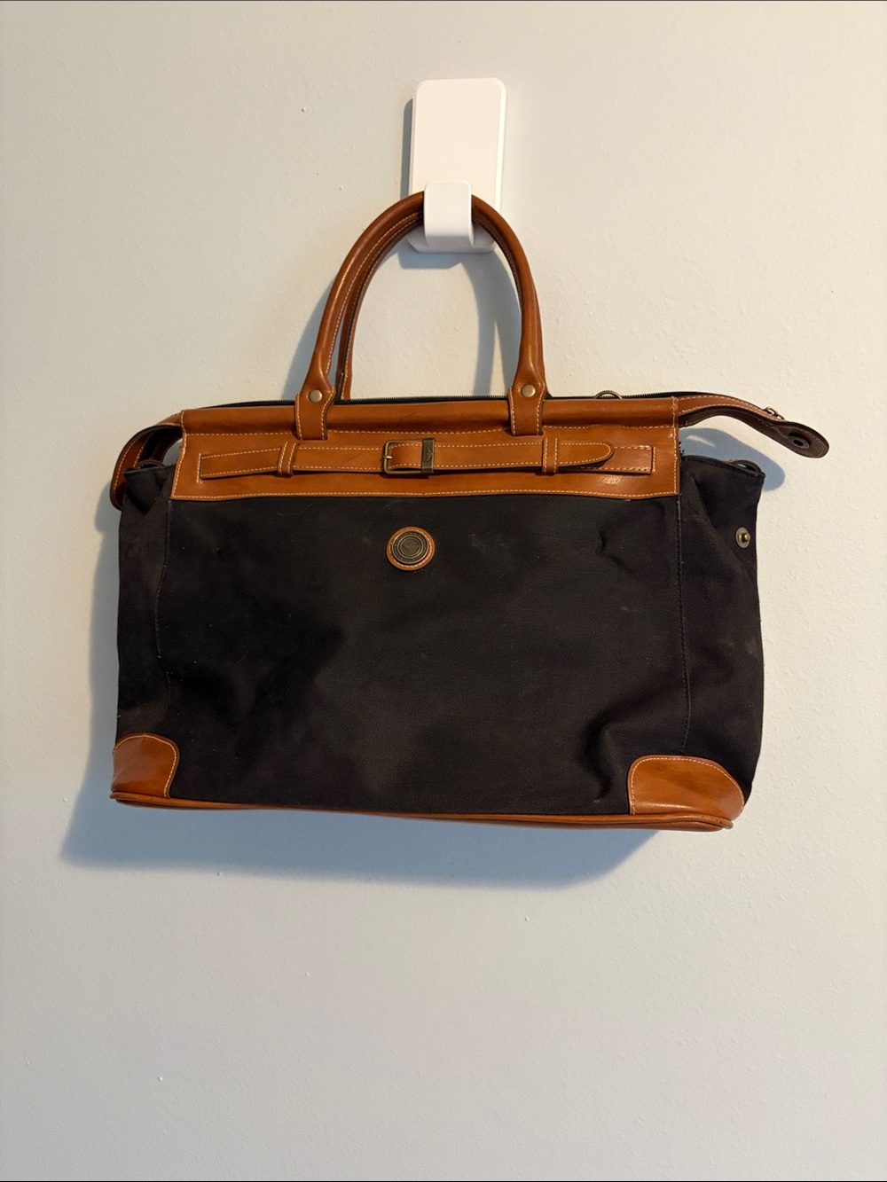 Vintage Black Canvas Briefcase with Brown Leather Trim - Classic Work Bag